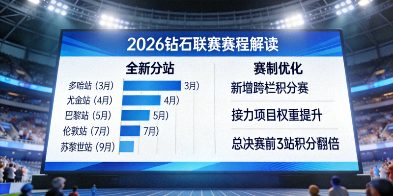 钻石联赛2026赛季赛程解读：体育场大屏幕显示全新分站与赛制优化分析图表